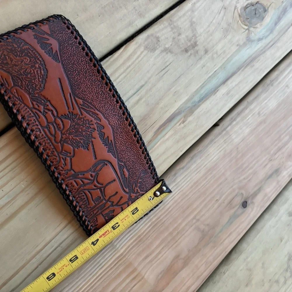 Vintage Leather Wallet Bi-fold Hand Tooled Deer Mountains Nature Whipstitch USA